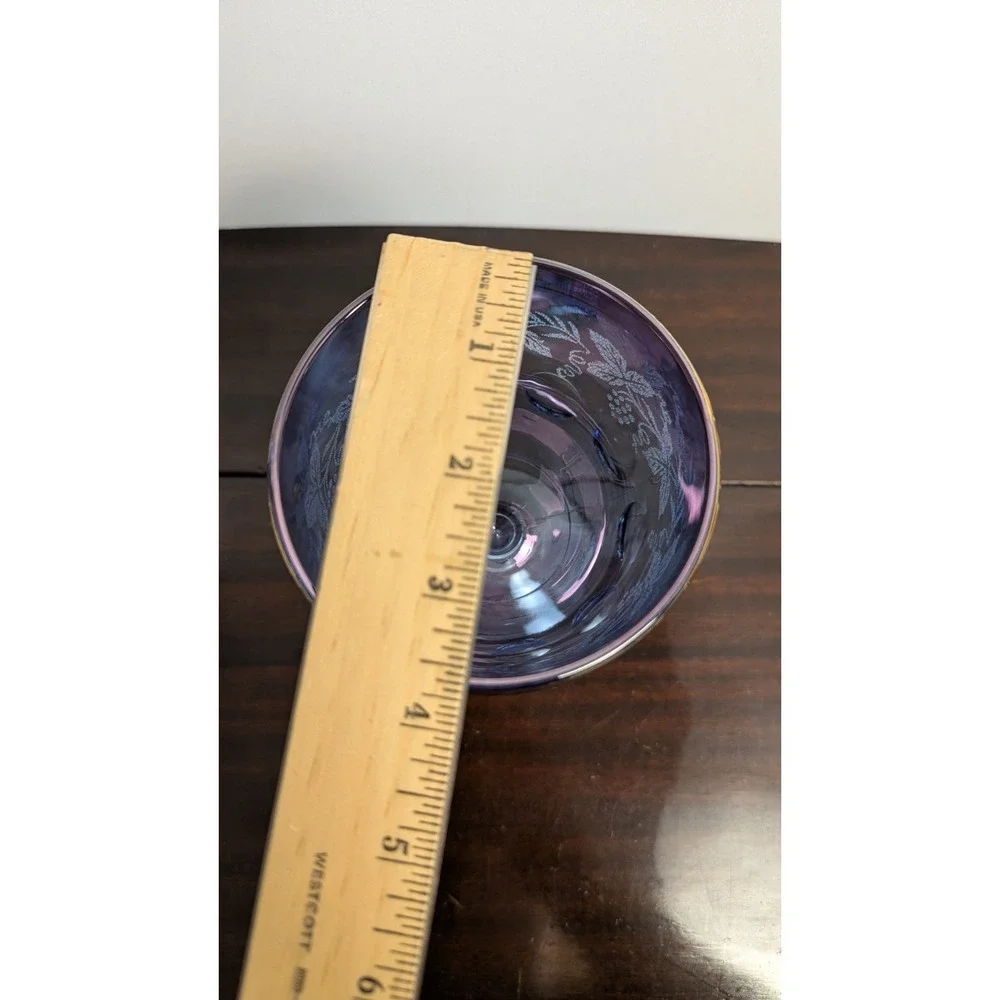 Vintage Blue Glass Goblet Gold Gilt Etched Grapevine Thumbprint Wine Glass